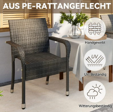 Yaheetech Rotan Tuinstoelen Set van 2 - Grijs - 58 x 58 x 84 cm - Stapelbaar, met Armleuning