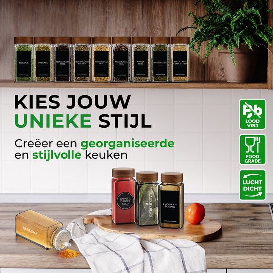 Soothe 24 Glazen Kruidenpotjes Vierkant met Acacia Deksel – 2 Soorten Strooideksels – Kruidenstrooier – Spice Jars – Complete Set incl Kruiden Stickers, Krijtstift en Accessoires – 120ml