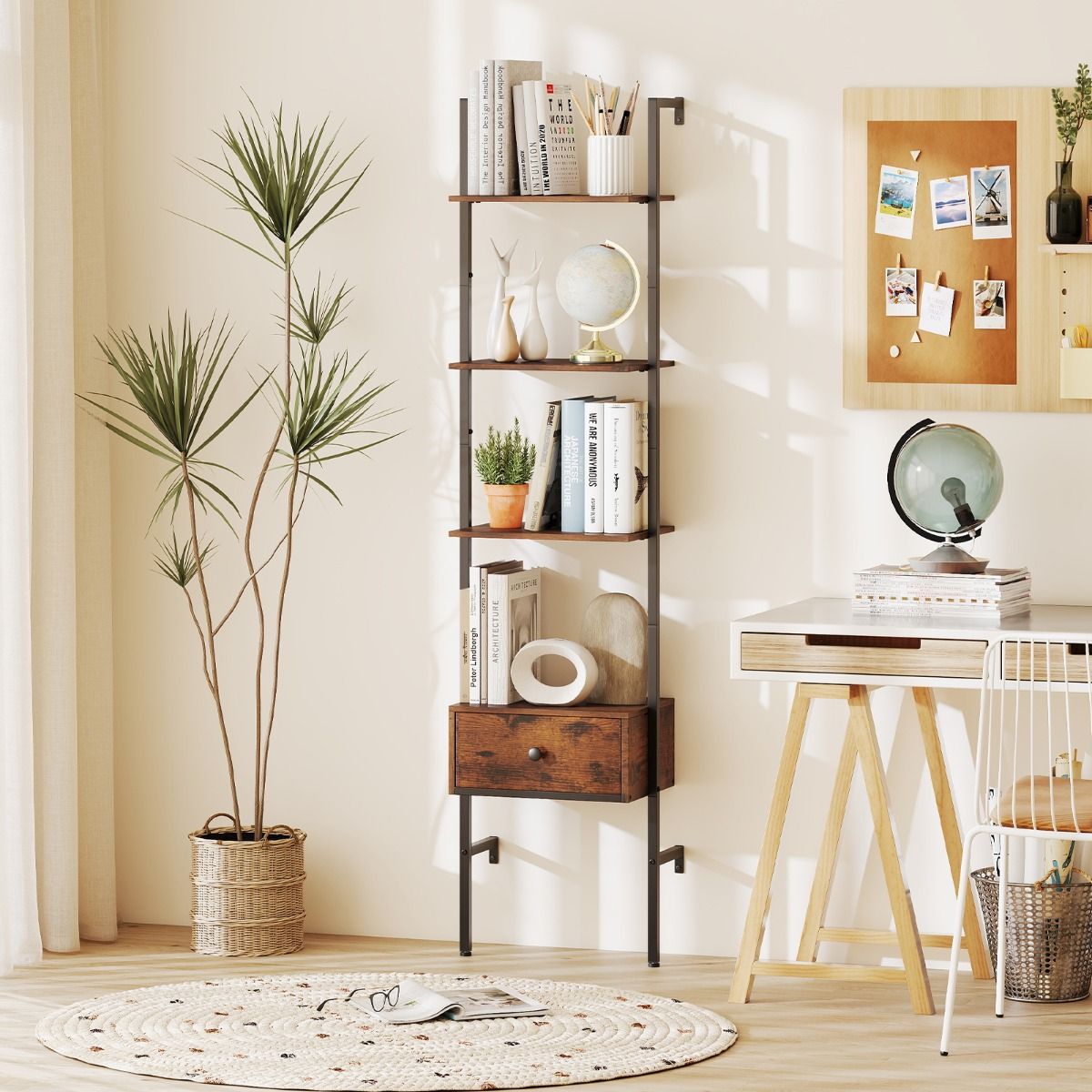 Coast Ladderboekenkast met lade - 5 lagen - metalen frame - rustiek bruin en zwart