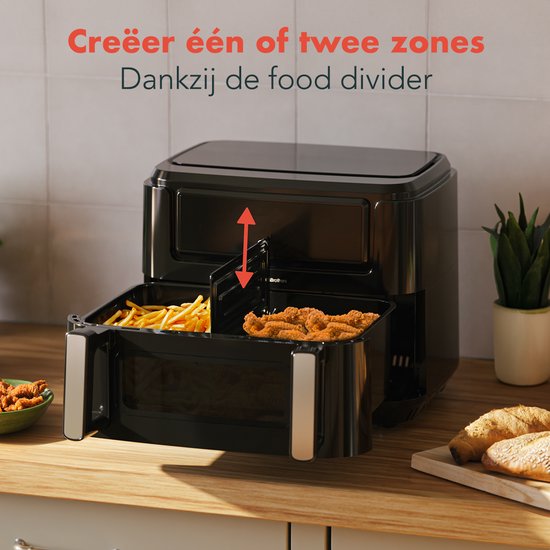 KitchenBrothers Airfryer XXL Dual Zone - 9L - 2400W - Heteluchtfriteuse - Snackverdeler - 50ºC tot 200ºC - 10 Kookprogramma's - Zwart