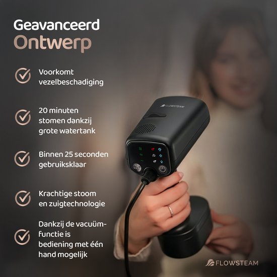 FLOWSTEAM® Vacuum Edition Kledingstomer - Handstomer met Zuigfunctie - Reisstomer - 2100W - Matte Black