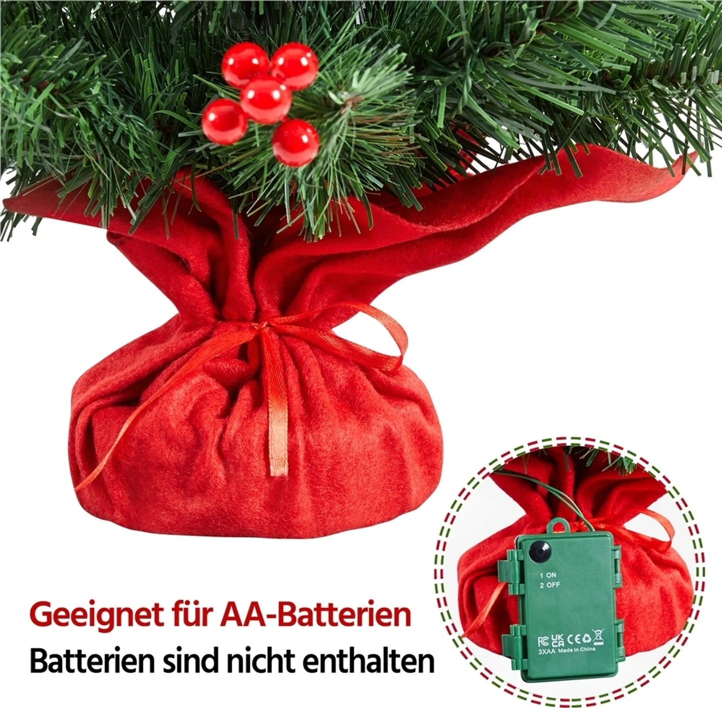 Yaheetech Tafelkerstboom Met Verlichting – 38 x 38 x 60 cm – Voorzien Van 35 LED-Lampjes En 40 Rode Bessen En Betonnen Voet Met Rode Doek – Voor Dressoir En Kantoor – Groen PVC En Beton