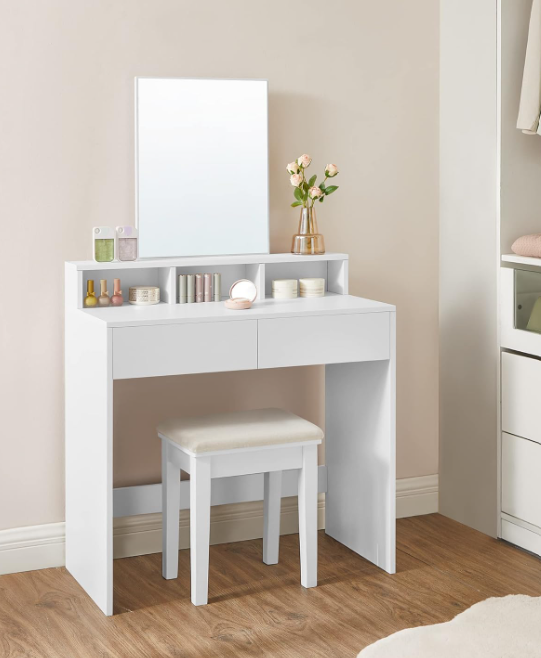 VASAGLE Kaptafel met Spiegel – 2 Lades & 3 Vakken – Wit – 40 x 80 x 140 cm