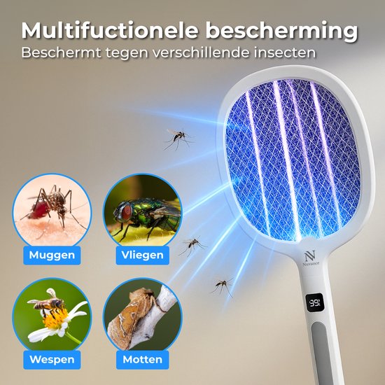 Nuvance Elektrische Vliegenmepper - Usb Oplaadbaar - Muggenlamp - met Display - Muggenstekker - Vliegenvanger - Vliegenlamp - Wit