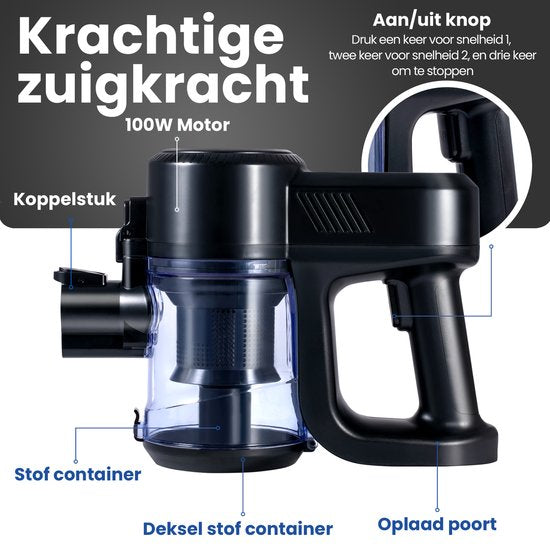 Saaf G80 Steelstofzuiger - 100W - met Dweilfunctie en Buigbare Steel - 8-delig - Stofzuiger zonder Zak - Draadloos - Zwart