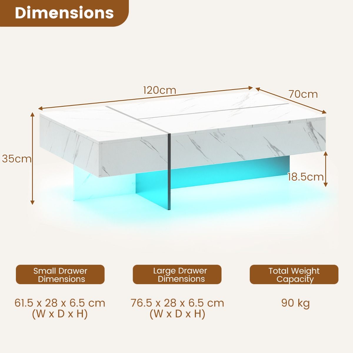 Coast Salontafel met ledverlichting - 3 opberglades - hoogglans - wit - 120 x 70 x 35 cm