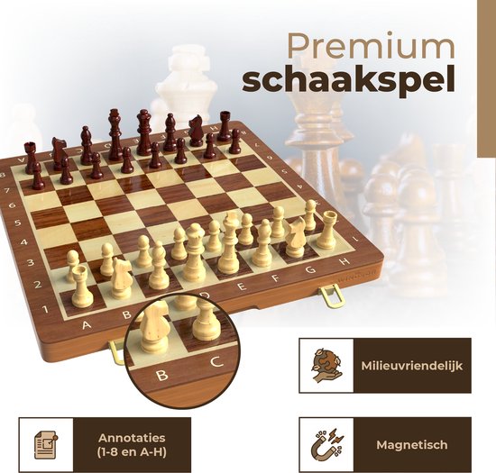 Windsor Schaakbord met Schaakstukken - Damstenen - 40 cm - Annotaties - Schaakset - Magnetisch Schaakspel - Chess Set - Hout