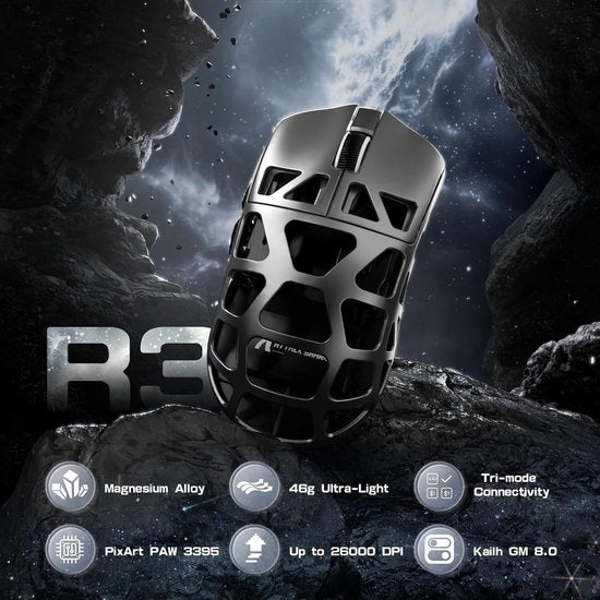 ATTACK SHARK R3 - Draadloze Gaming Muis - PAW3395 - Ultralichte(46g)- Wired/2.4G/BT5.1 - 26000DPI - Magnesium Alloy