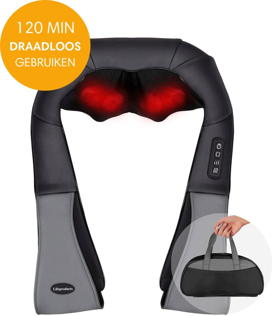 Lifeproducts Shiatsu Massagekussen- Draadloos -  Verwarmd Nek- en Rugmassagetoestel - Snoerloos - Zwart