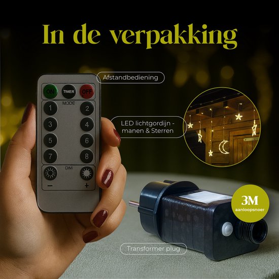 Giftmas Lichtgordijn – 120 LED Hangdecoratie – Warm Wit – Manen en Sterren – Kerst en Raamdecoratie – Voor Binnen en Buiten - Kerstversiering - 3.5M - Kerstverlichting