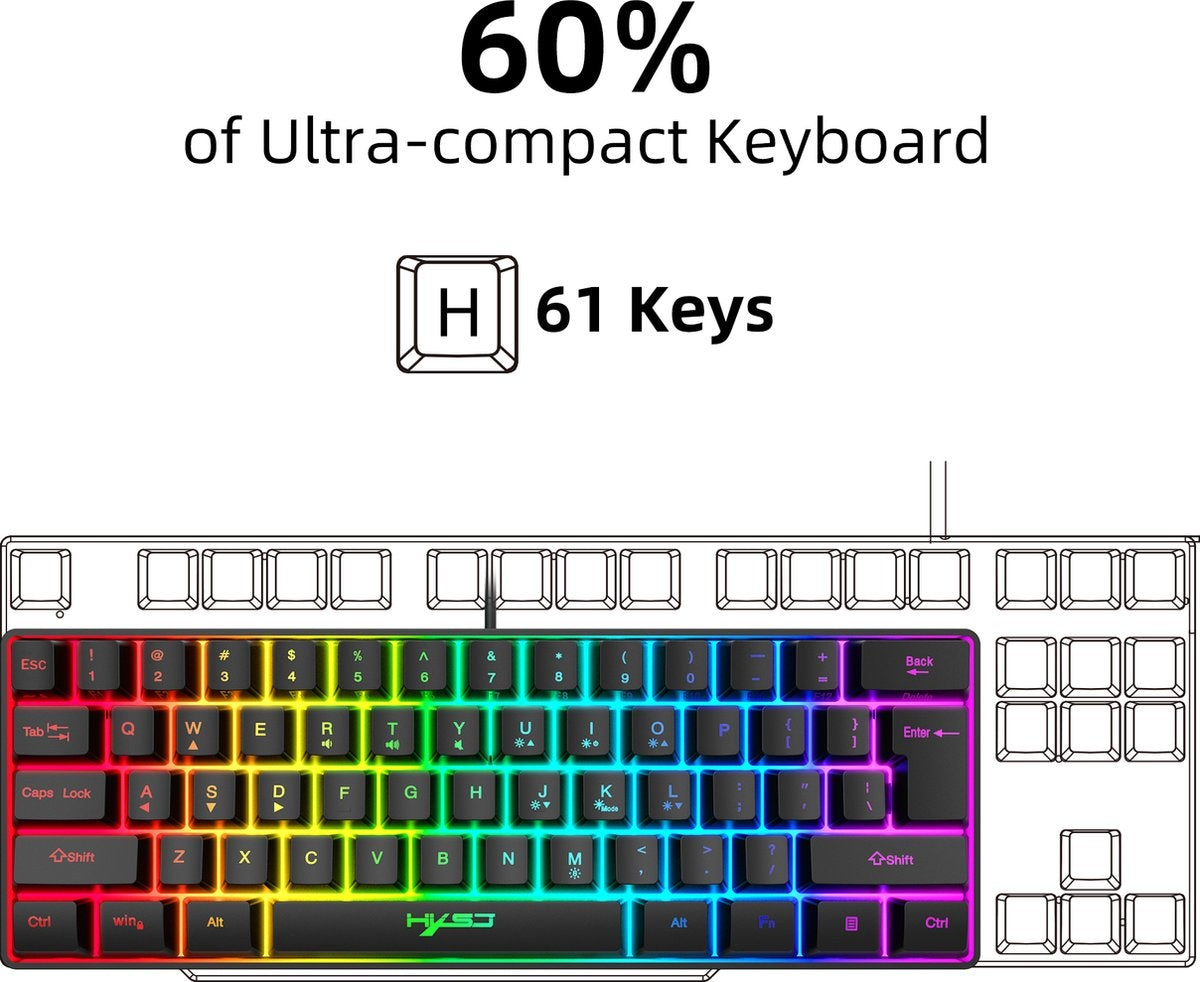 HXSJ V700 RGB Membraan bedrade gaming toetsenbord - 61keys - Qwerty - Zwart