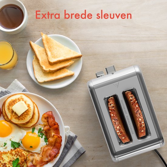 KitchenBrothers Broodrooster - Toaster - 6 Warmteniveaus - 2 Extra Brede Sleuven - 815W - RVS/Zilver