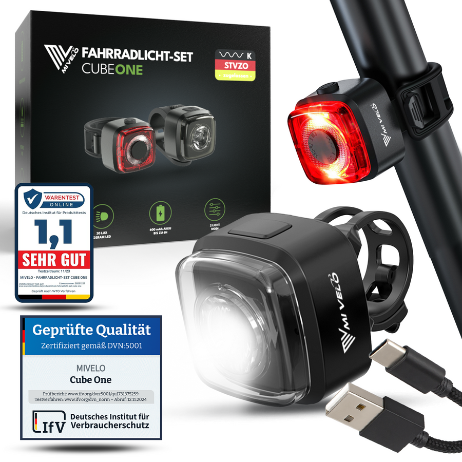 MIVELO Fietsverlichtingsset Cube One LED – USB Oplaadbaar - StVZO-goedgekeurd