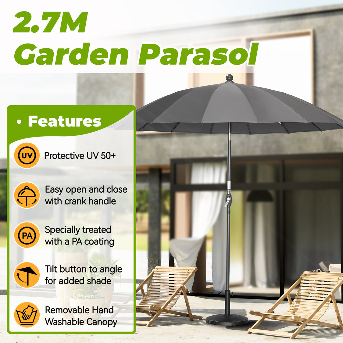Angel Living Parasol Rond - Ø270cm - Stevig - Kantelbaar - Grijs