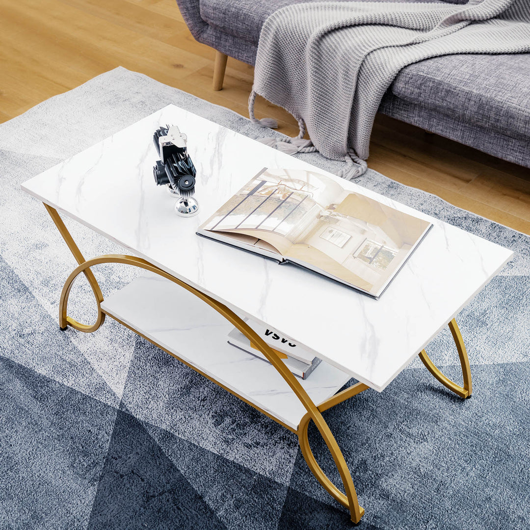 Coast 2-laags Salontafel - Imitatiemarmer - Metalen - Goud/Wit - Max.50 Kg - 100x50x45cm