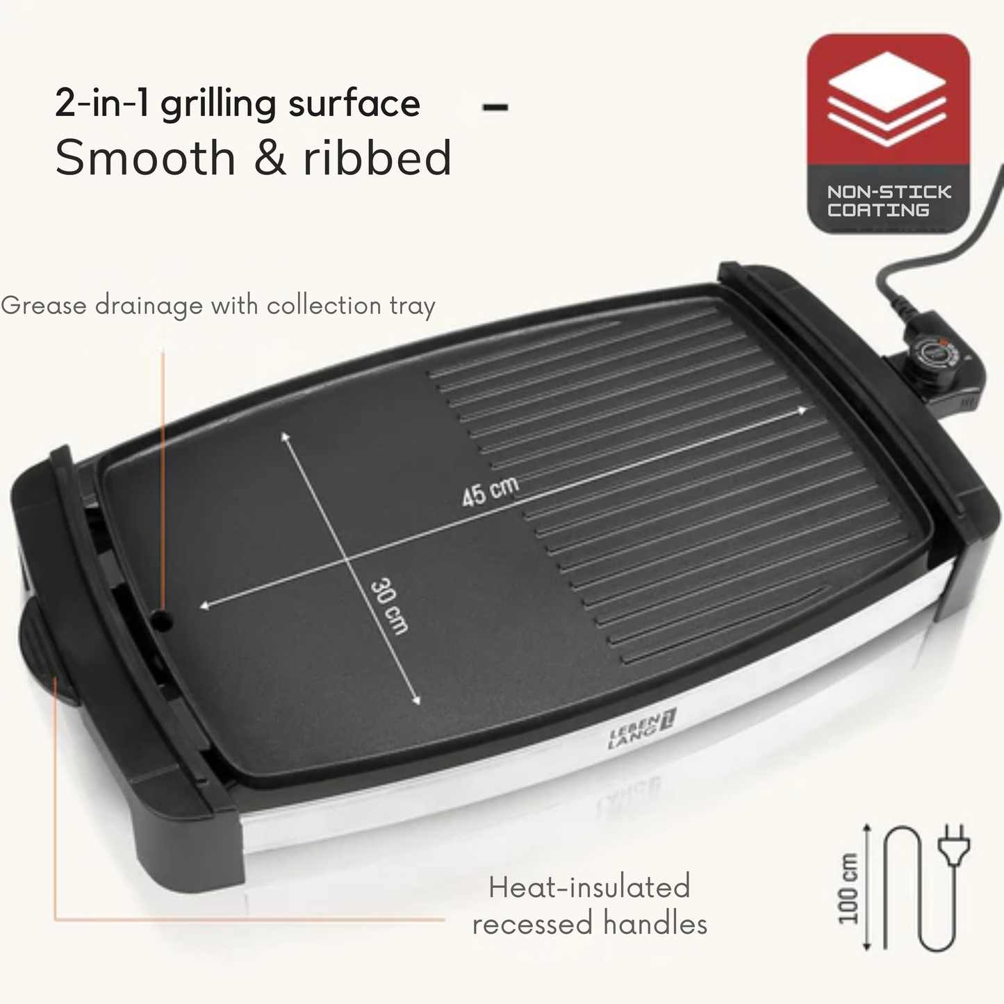 LEBENLANG Elektrische Grillplaat – 2000 Watt - 4 tot 8 personen - Ideaal voor Binnen & Buiten - 32.1 x 54.5 x 6.5 cm