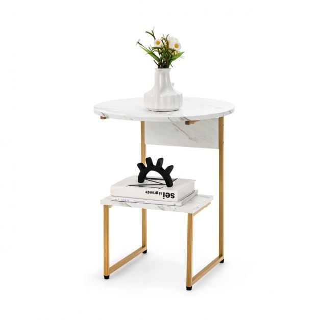 Coast Bijzettafel 2-Laags – Marmerlook met Gouden Frame 50 x 50 x 61 cm – Wit/Goud