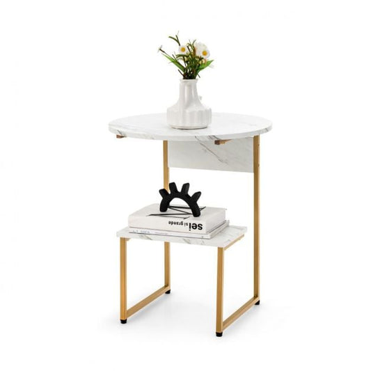 Coast Bijzettafel 2-Laags – Marmerlook met Gouden Frame 50 x 50 x 61 cm – Wit/Goud