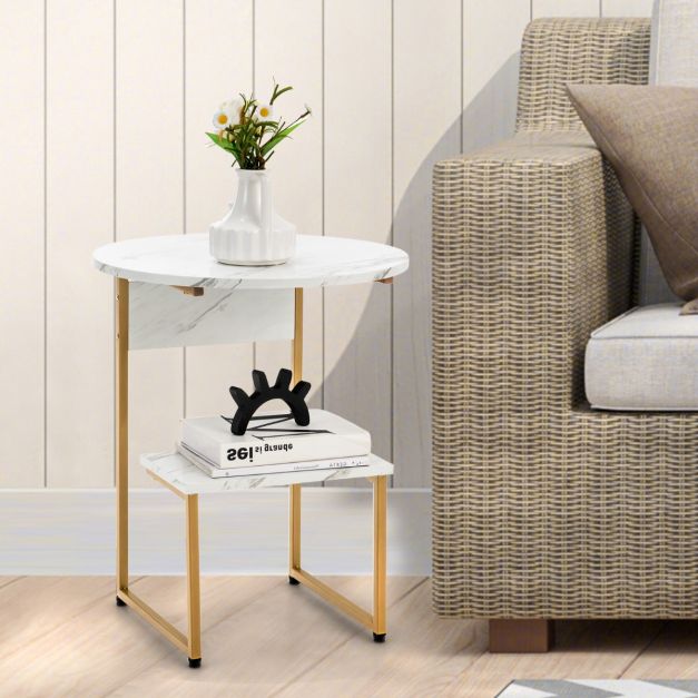 Coast Bijzettafel 2-Laags – Marmerlook met Gouden Frame 50 x 50 x 61 cm – Wit/Goud