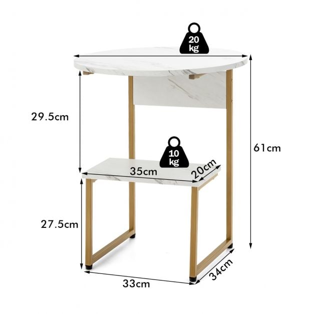 Coast Bijzettafel 2-Laags – Marmerlook met Gouden Frame 50 x 50 x 61 cm – Wit/Goud
