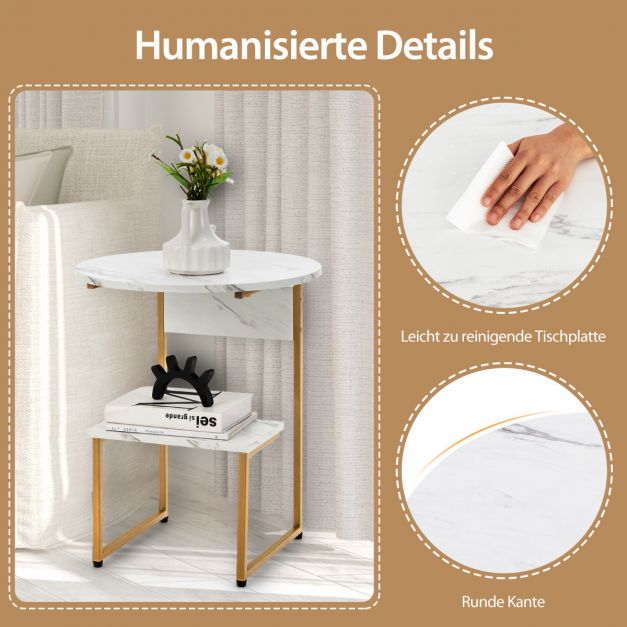 Coast Bijzettafel 2-Laags – Marmerlook met Gouden Frame 50 x 50 x 61 cm – Wit/Goud