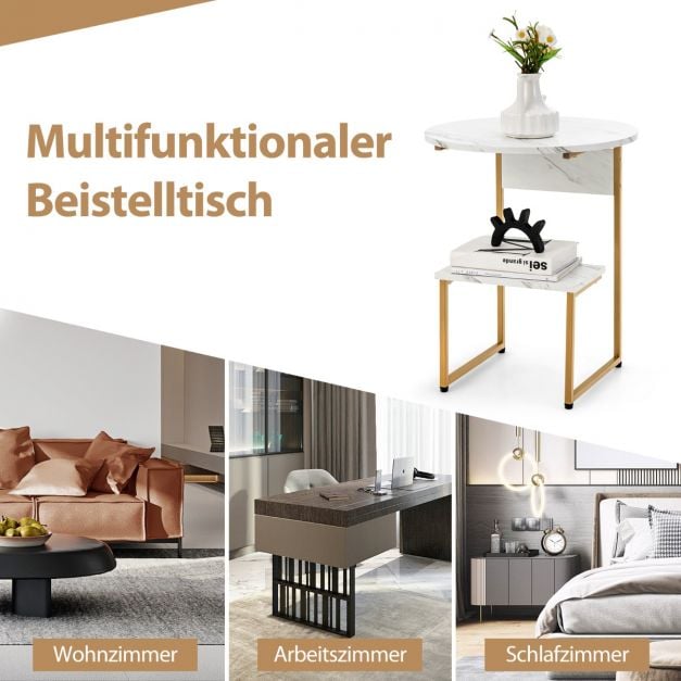 Coast Bijzettafel 2-Laags – Marmerlook met Gouden Frame 50 x 50 x 61 cm – Wit/Goud