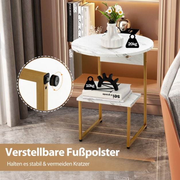 Coast Bijzettafel 2-Laags – Marmerlook met Gouden Frame 50 x 50 x 61 cm – Wit/Goud