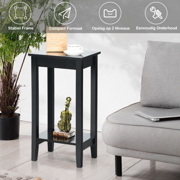 Coast Bijzettafel Zwart 40 x 30 x 73,5 cm – 2-Lagen met Massief Houten Poten