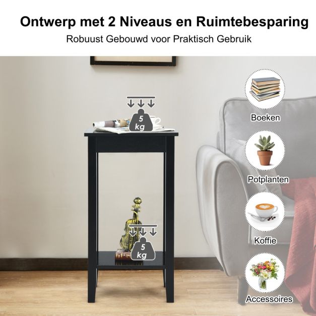 Coast Bijzettafel Zwart 40 x 30 x 73,5 cm – 2-Lagen met Massief Houten Poten