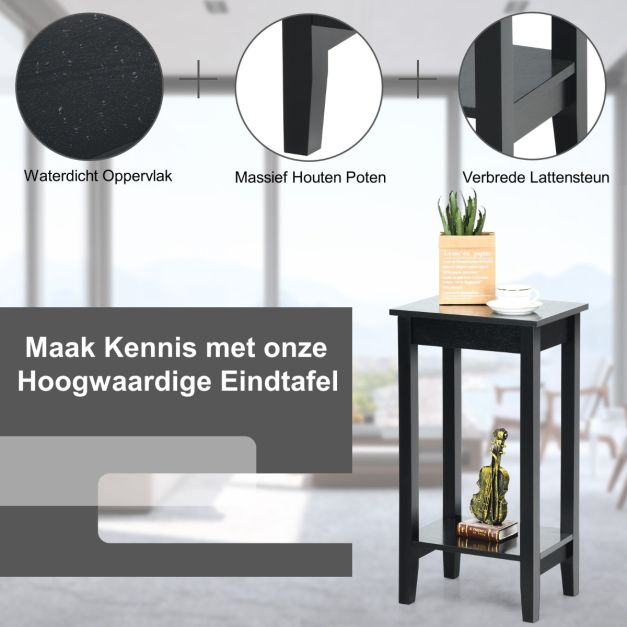 Coast Bijzettafel Zwart 40 x 30 x 73,5 cm – 2-Lagen met Massief Houten Poten