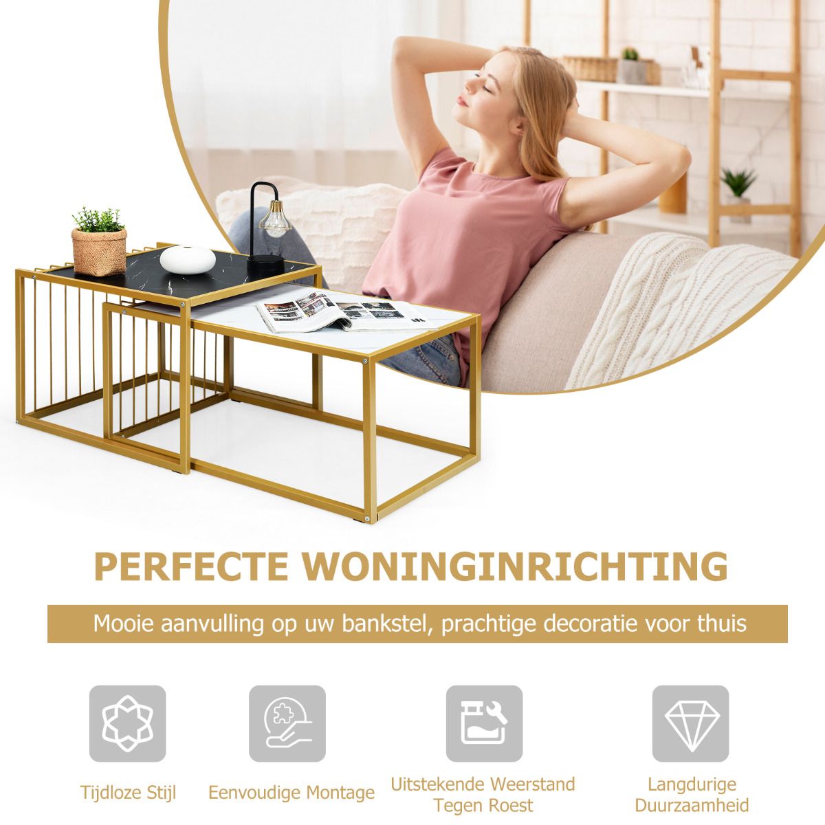 Coast Set van 2 Koffietafel - goud/wit/zwart - P2 - MDF - Ijzer - Max.50 kg - 80x53x38.5 cm