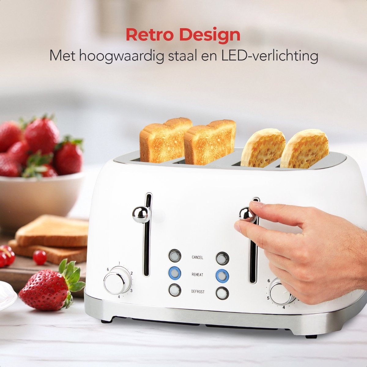 KitchenBrothers Retro Broodrooster - 6 Warmteniveaus - 4 Extra Brede Sleuven - 1630W - Reheat en Ontdooi-functie - Wit
