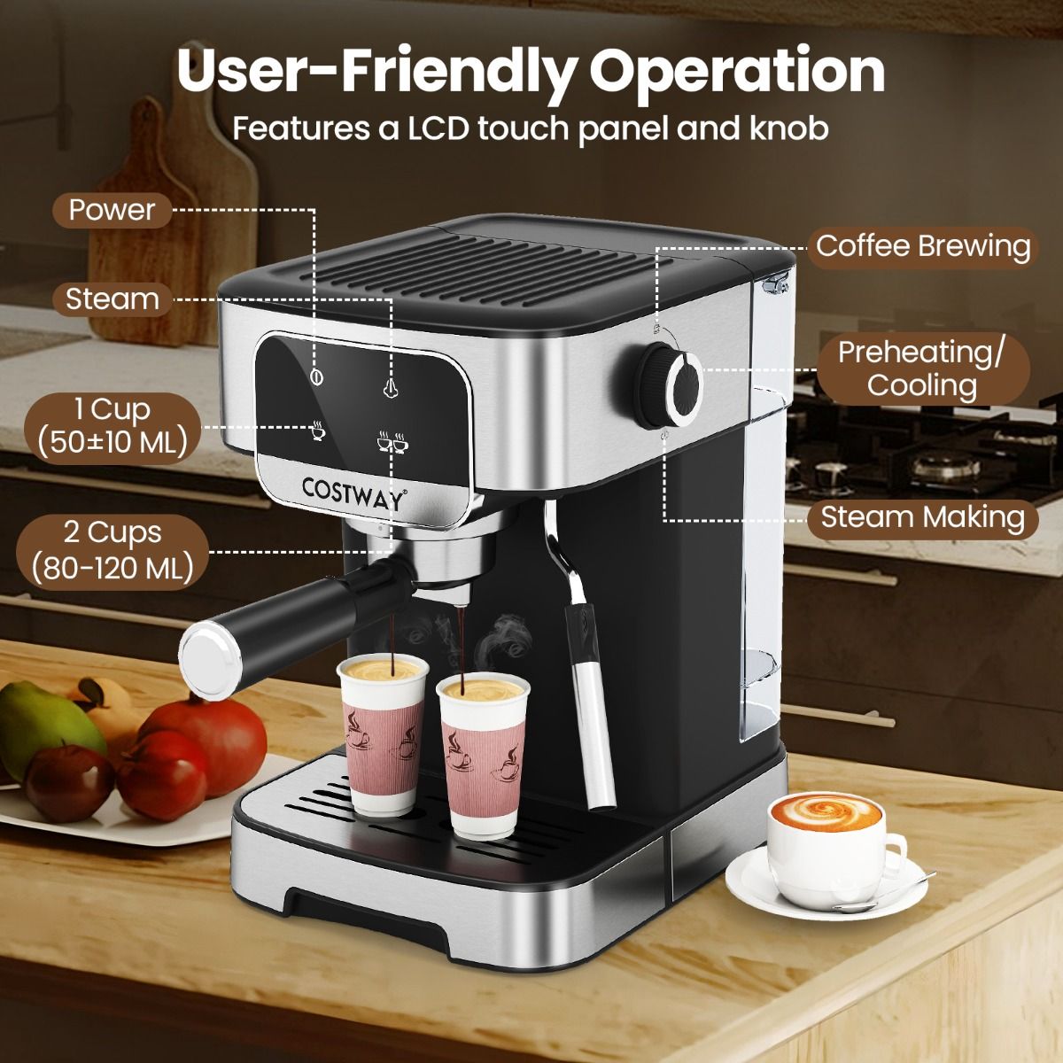 Coast Espressomachine 20 Bar 1200W - Stoom-melkopschuimer - 1,8L Waterreservoir - Touchscreen - Zwart/Zilver - 26x21x28cm