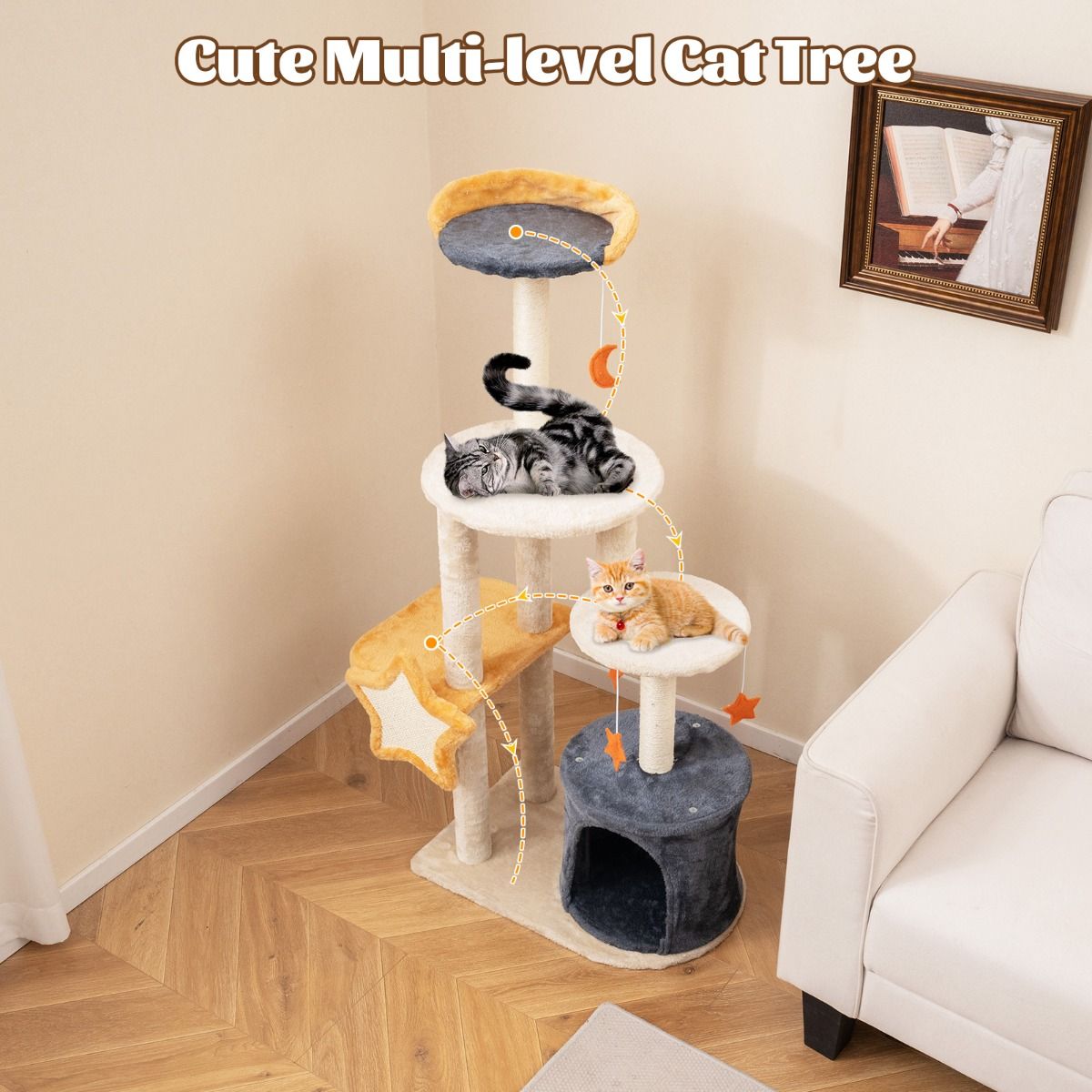 Coast Kattenboom - 128 cm - Meerdere verdiepingen - Sisal krabpalen - Beige en grijs