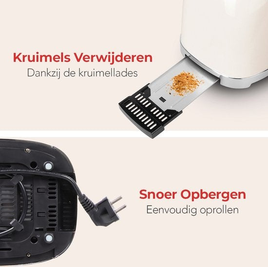 KitchenBrothers Retro Broodrooster - Toaster - 6 Warmteniveaus - 2 Extra Brede Sleuven - 815W - Beige