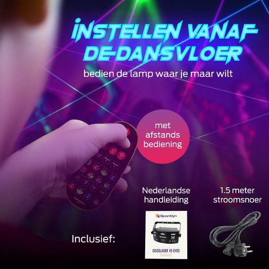 Sparklyn Professionele Disco Laser met 15 Eyes - 120 lichtcombinaties - Afstandsbediening - DMX Bestuurbaar - Discolamp - Zwart