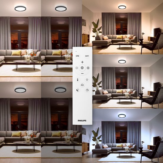 Philips All-In-One Plafondlamp - 2-Pack - Met Afstandsbediening - 24W - LED-verlichting - Warm- tot Koelwit licht; 2700K tot 6500K - 30 cm - Zwart - Rond