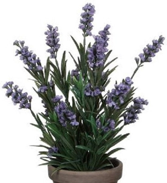 Mica Decorations Kunstplant Lavendula/lavendel - groen/paars - D22 x H33 cm - grijze pot - kamerplant - kunstbloemen