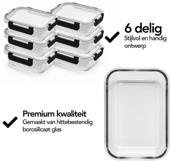 Aviro Vershoudbakjes Glas - 6 Stuks - Meal Prep Bakjes - Vriezer, Magnetron & Oven Bestendig - BPA Vrij - Luchtdicht - 1L