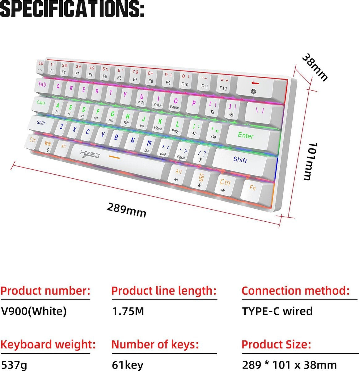 HXSJ V900 Bedrade Mechanisch Gaming Toetsenbord - RGB Verlichting - QWERTY - 61 Keys - Blue Switch - Wit
