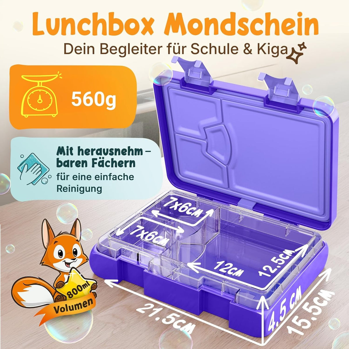 Funkelfuchs® - Lunchbox kinderen met vakverdeling - 800ml, paars - Lunchbox maanlicht, groot - Snackbox, snackbox, broodtrommel, maaltijdbox, bentobox kinderen - voor school, crèche en kinderdagverblijf