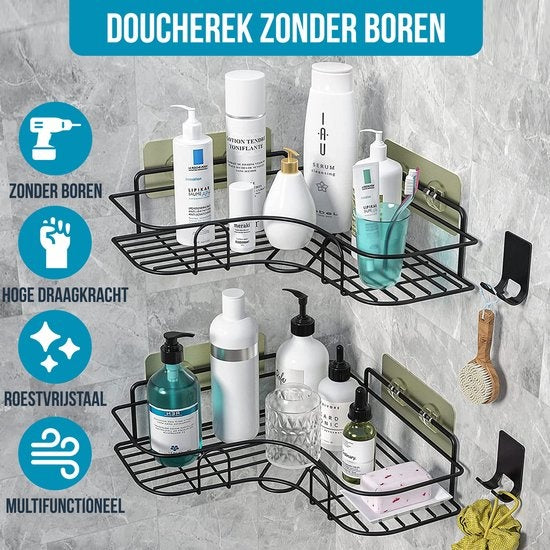 Avalo Doucherek Hoekvorm - 2 Stuks - Bevestigen zonder Boren of Schroeven - Bevestigen Middels Plakstrip