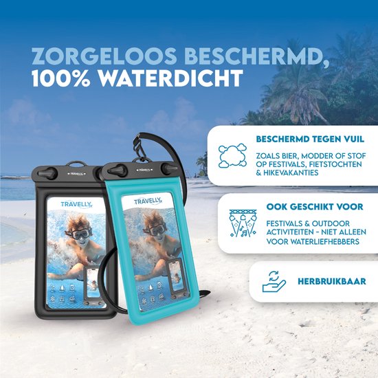 Travelly ® Waterdicht Telefoonhoesje Set van 2 – Universeel Onderwater Hoesje voor Smartphone – Geschikt voor alle telefoons – Drybag – Voor Vakantie, Zwemmen & Watersport – Zwart/Blauw