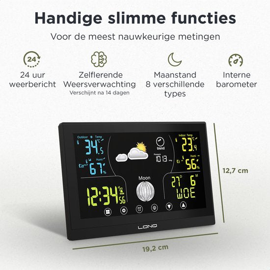 LONQ Weerstation Binnen en Buiten Q3 - Incl. Batterijen - Draadloos Weerstation met Buitensensor - Thermometer Hygrometer - Touchscreen Kleurendisplay - DCF Gestuurde Klok