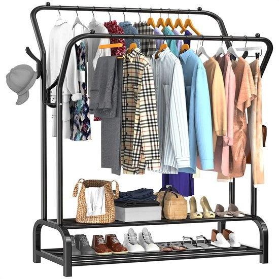 Avalo Industrieel Kledingrek Dubbele Stang - Metaal - 110x33x150 CM - Zwart - Opbergruimte Voor Schoenen - Garderoberek Met Haken