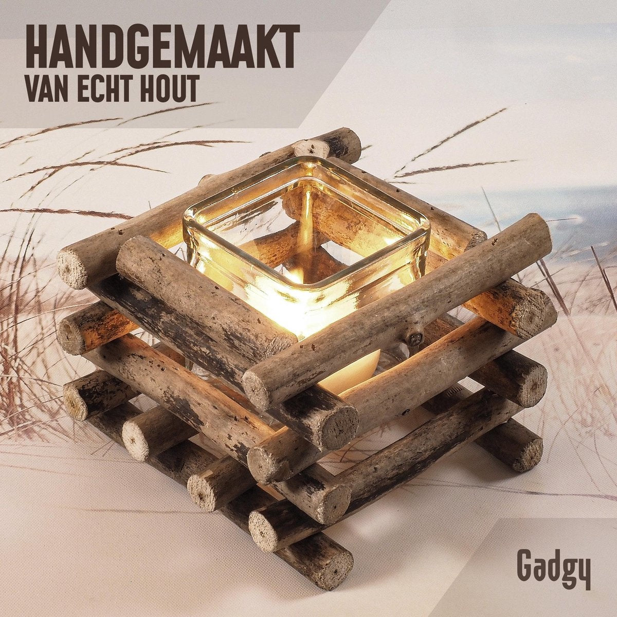 Gadgy - Waxinelichthouder - Drijfhout - set van 2 - 15x15cm