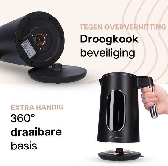 HomeShift® Waterkoker met Temperatuurregeling - Warmhoudfunctie - Dubbelwandig - Elektrisch - 1,7 Liter - 2200W - Zwart