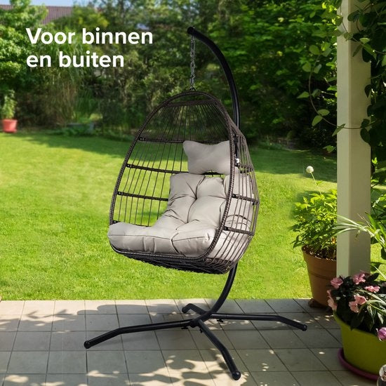 Vita5 Egg Hangstoel – Met Standaard – Binnen en Buiten – Cocoon Stoel - Opvouwbaar - Tot 150kg – Incl. Kussen – Lichtgrijs