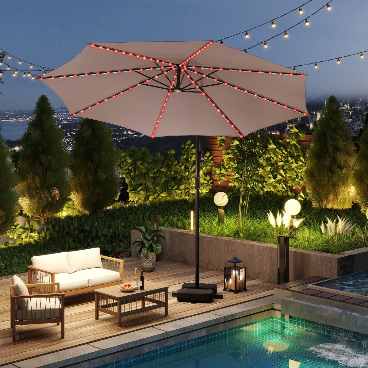 Coast Zweefparasol met LED-verlichting - 9 verlichtingsmodi - met zandzakken en slinger - bruin - 300 x 260 cm