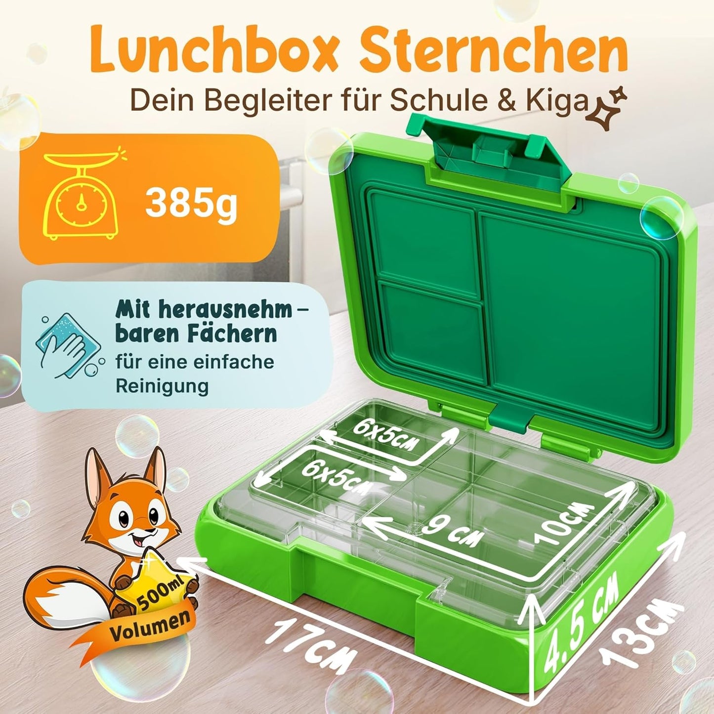Funkelfuchs® - Lunchbox kinderen met vakjes - 500ml, groen - Lunchbox ster, klein - Snackbox, snackbox, broodtrommel, maaltijdbox, bentobox kinderen - voor school, kleuterschool en kinderdagverblijf